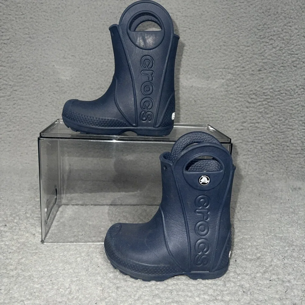Crocs Handle It Rain Boots Youth Sz C6 Black Croslite Rubber‎ Pull On Handles